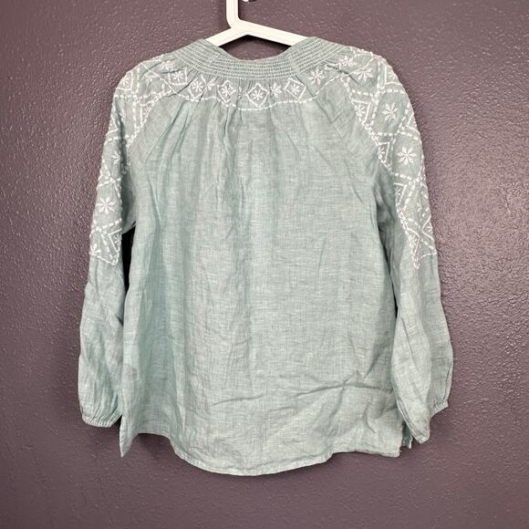 Joie Womens Blouse Boho Small 100% Linen Embroidered Pullover Green Tassels New - Picture 2 of 8
